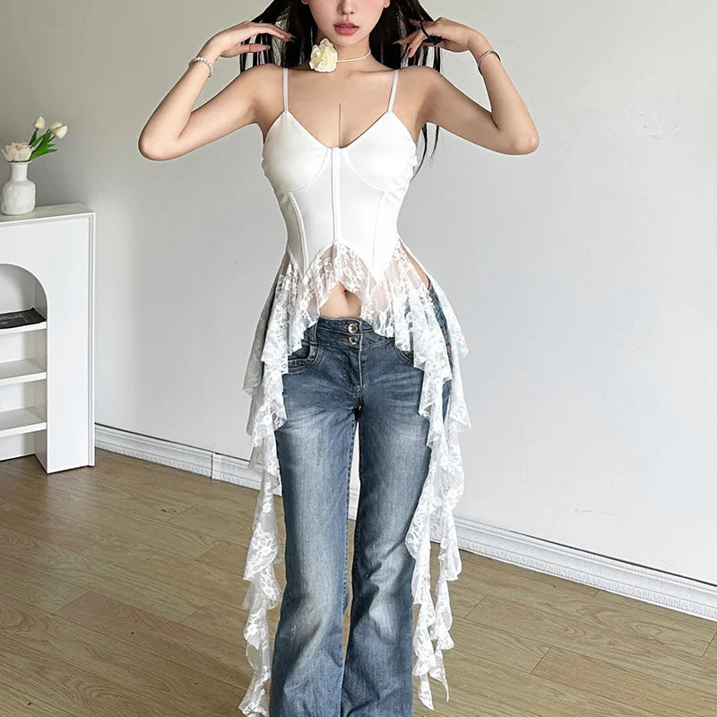 2025 Y2k Aesthetic Irregular Lace Ruffled Tank Top Women Sexy Skinny Design Corset Stretch Tube Streetwear Bandage Grunge Tanks