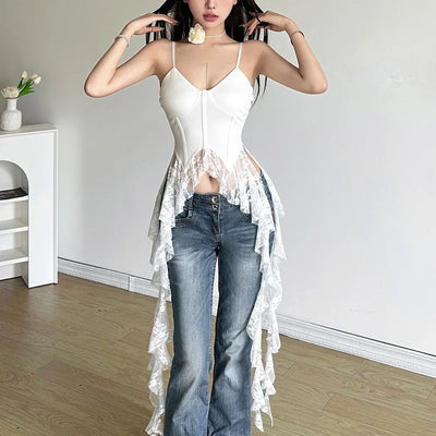 2025 Y2k Aesthetic Irregular Lace Ruffled Tank Top Women Sexy Skinny Design Corset Stretch Tube Streetwear Bandage Grunge Tanks