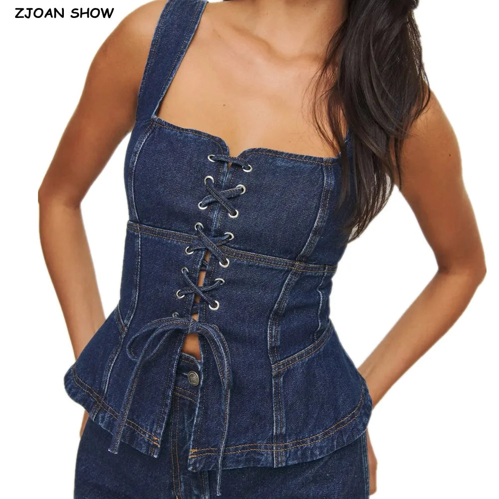 2025 Sexy Square Collar Blue Denim Camis Sexy Corset Women Front Cross Lacing up Bandage Bow Tank Tops Back Zipper Slim Crop Top
