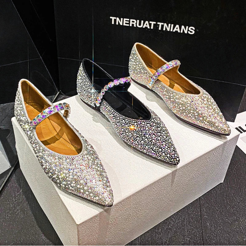 Luxury Designer Glitter Mule Pumps Women Pearl Pointed Toe Mary Jane Shoes Comfy Loafers Fashion Rhinestone Flat Bridal Shoes
