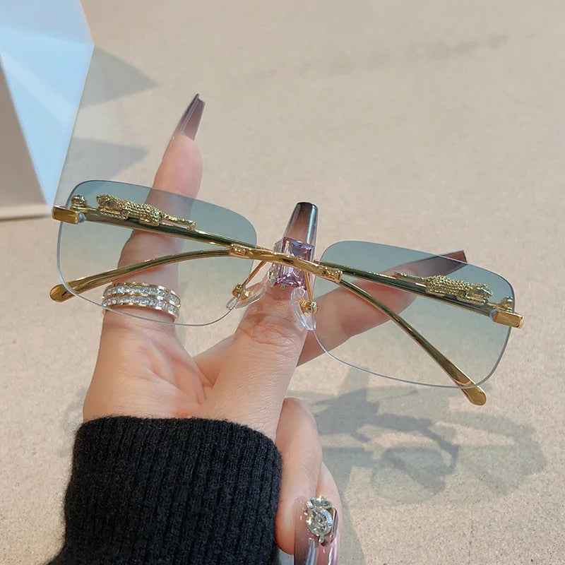 12pcs Brand Leopard Rimless Rectangle Sunglasses Fashion Y2K Frameless Sun Glasses Shades for Women Men UV400