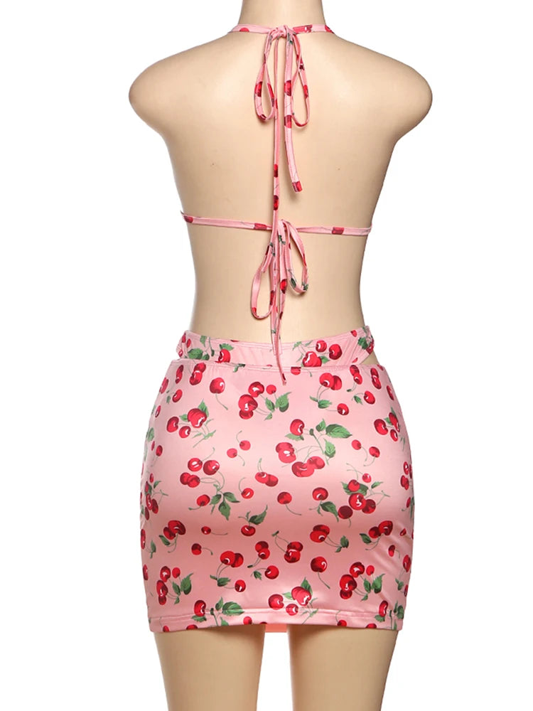 Nibber Vacation Hottie Sexy 3 Piece Set Women Summer Cherry Print Halter Bra+Thong+Skirts Beach Party Clubwear Matching Suit