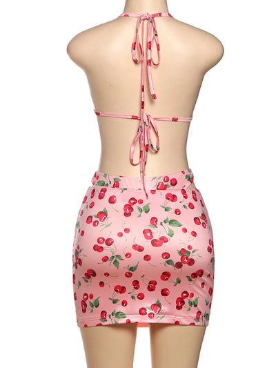Nibber Vacation Hottie Sexy 3 Piece Set Women Summer Cherry Print Halter Bra+Thong+Skirts Beach Party Clubwear Matching Suit