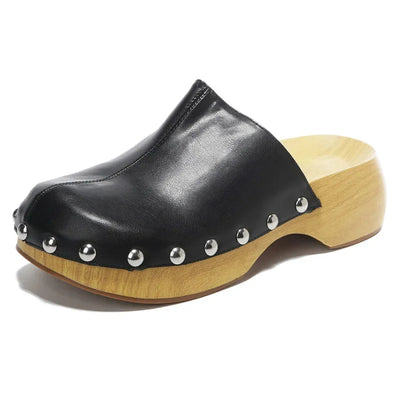 Women Imitation Cork Sole Mules Fashion Rivets Heels Platform Block Heel Soft Leather Slippers Round Toe Slip-on Casual Shoes