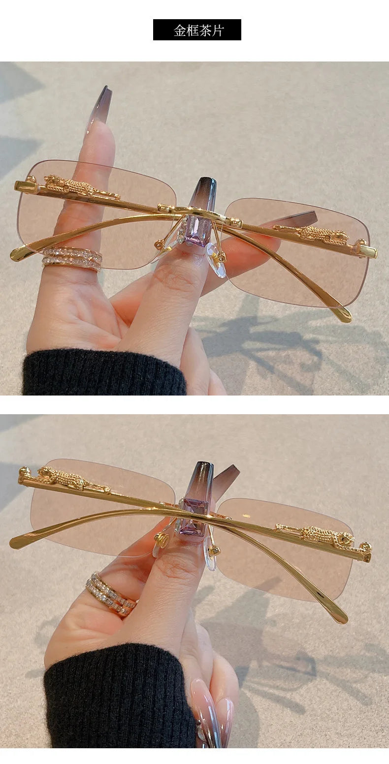 12pcs Brand Leopard Rimless Rectangle Sunglasses Fashion Y2K Frameless Sun Glasses Shades for Women Men UV400