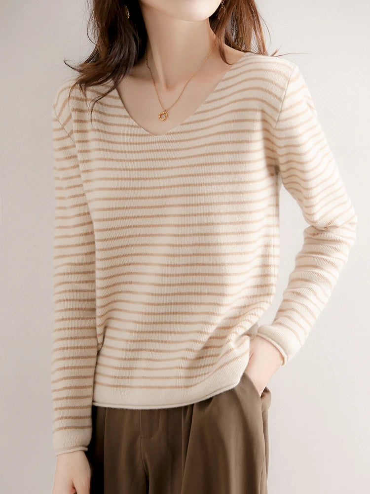 New Striped V-neck Sweater Women's All-Match Loose Sweater Fall Winter Fashion Bottoming Shirt Inner Wear Blouse