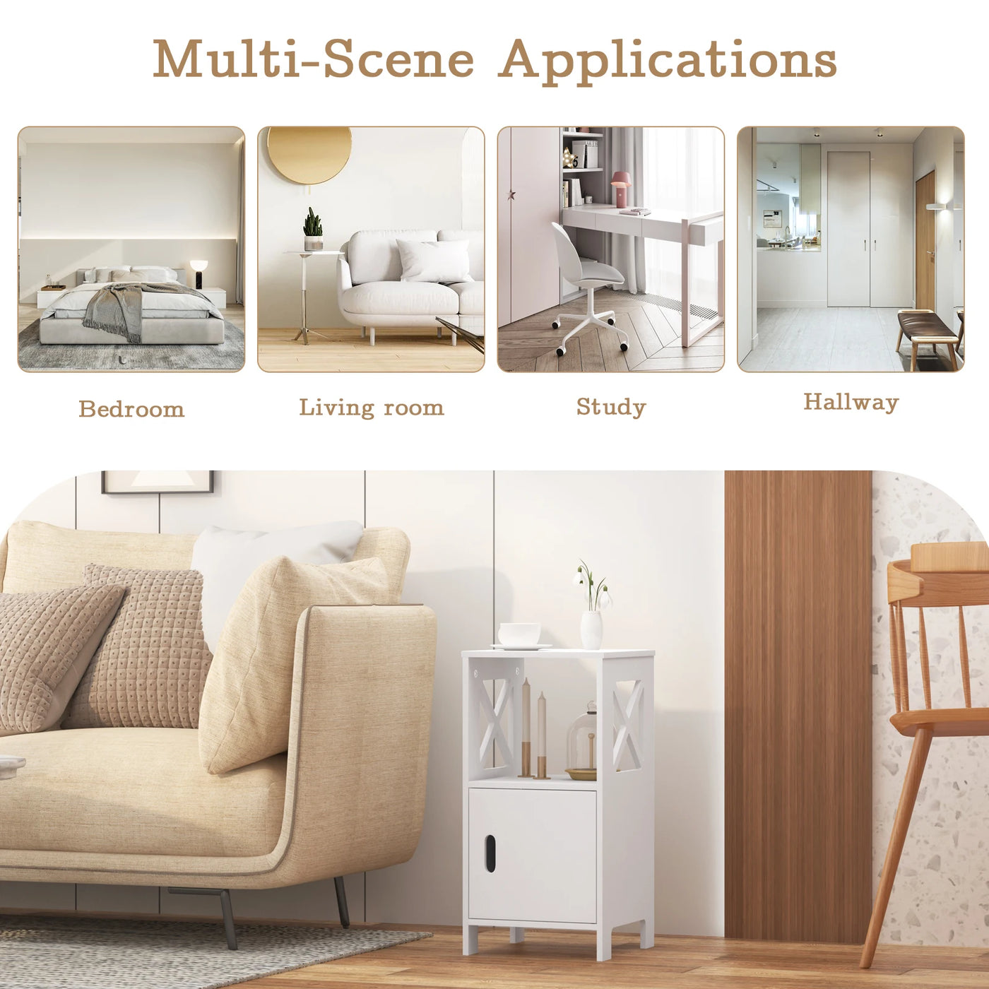 2PCS/SET Modern Nightstand 30x60x30cm Narrow White Bedside Table with 1 Open Compartment Door Cabinet Storage for Bedroom
