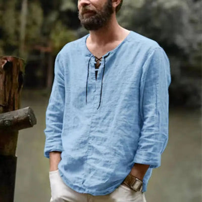 Cotton Linen Drawstring T Shirt Men's V Neck Blouse Solid Color Long Sleeves Casual Cool Tops Vikings Costume For Men M-6XL