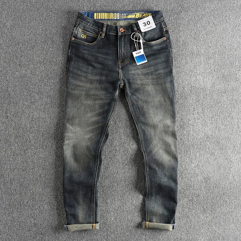 Vintage wash blue to do old simple embroidered jeans men fit small straight leg American trend personality youth pants