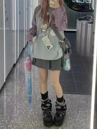 Y2k Harajuku Kawaii Striped Hoodie Women Japanese Fashion Patchwork Cartoon Print Sweatshirt Female Autumn 2023 New In