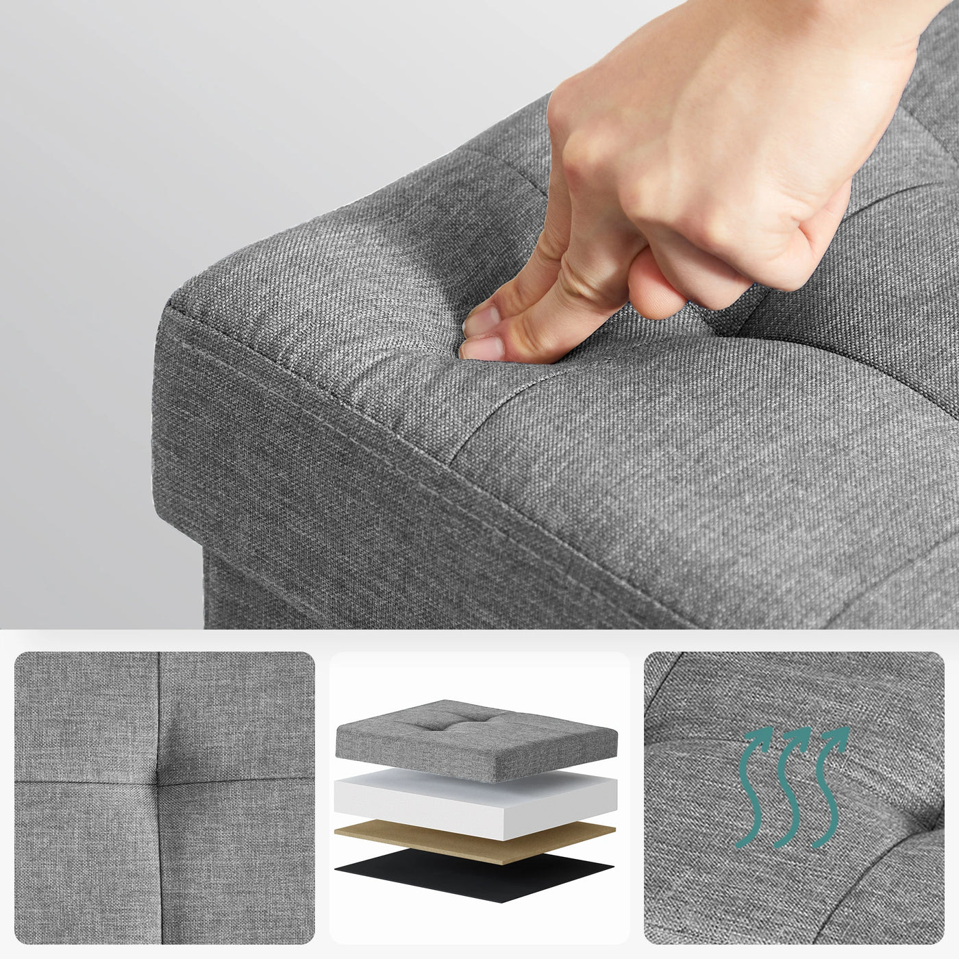 Storage Ottoman, Padded Foldable Bench, Chest with Lid, Solid Wood Feet, Space-Saving, Holds up to 300 kg, for Bedroom