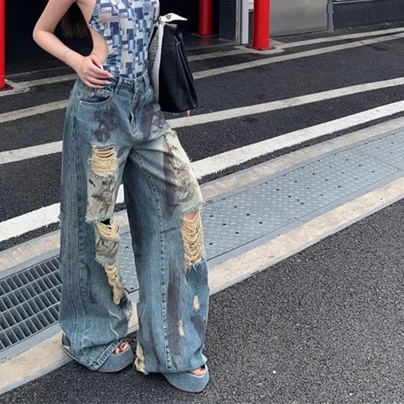 Y2K Ripped Jeans Women Vintage Streetwear Hole Wide Leg Denim Pants Harajuku Aesthetic Gyaru Baggy Design Straight Trousers New