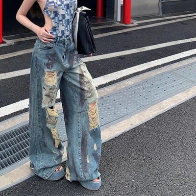 Y2K Ripped Jeans Women Vintage Streetwear Hole Wide Leg Denim Pants Harajuku Aesthetic Gyaru Baggy Design Straight Trousers New
