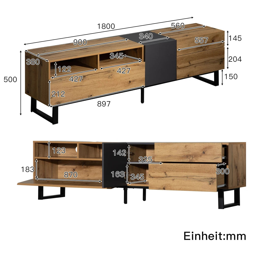 180cm Modern TV Cabinet w/Wood & Grey Contrast - Open Storage w/Black Iron Base
