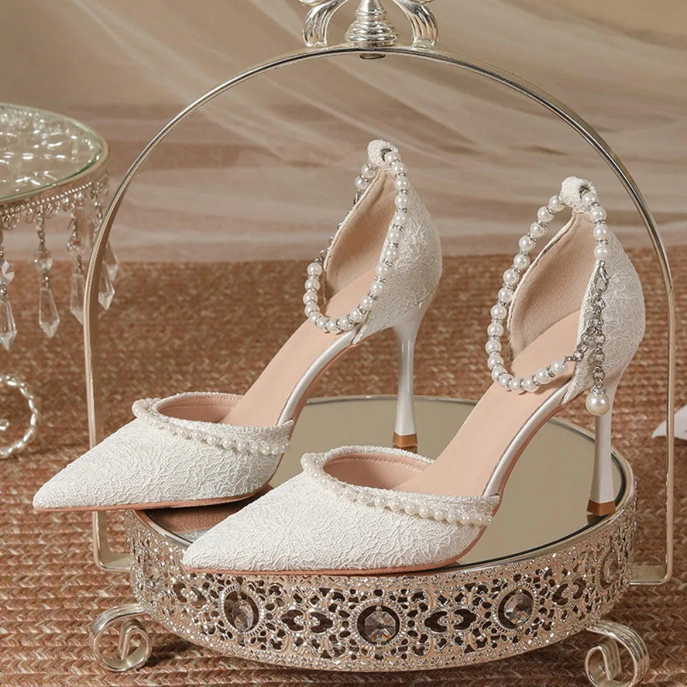 High Heeled Shoes Women's 2025 Summer with A Thin Heel and Pointed Toe A Straight Cut Lace Surface White Pearl Bridal Shoe Women