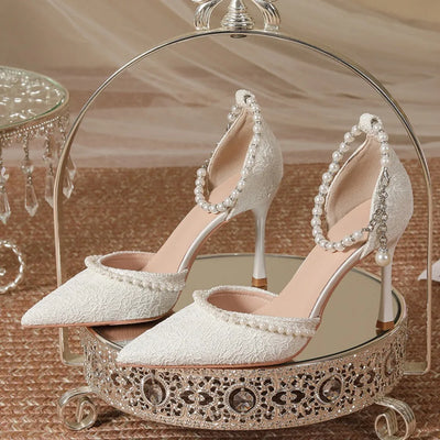 High Heeled Shoes Women's 2025 Summer with A Thin Heel and Pointed Toe A Straight Cut Lace Surface White Pearl Bridal Shoe Women