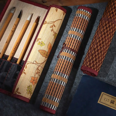 Bamboo Painting Brushes Holder High Quality Large Capacity Chinese Style Calligraphy Pen Curtain Pen Case Art Supplies