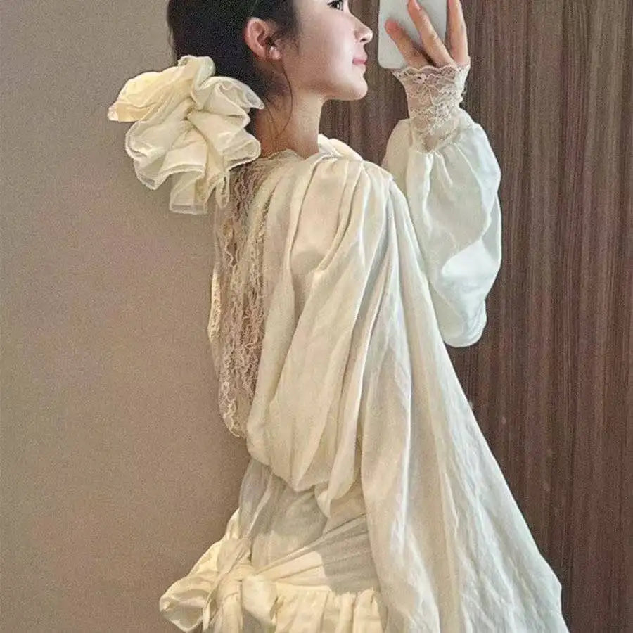 Korean Fashion Elegant Prom Summer Long Sleeve Dress Mini Skirt Two Piece Set Woman Solid Lace Chic Office Format 2025 New