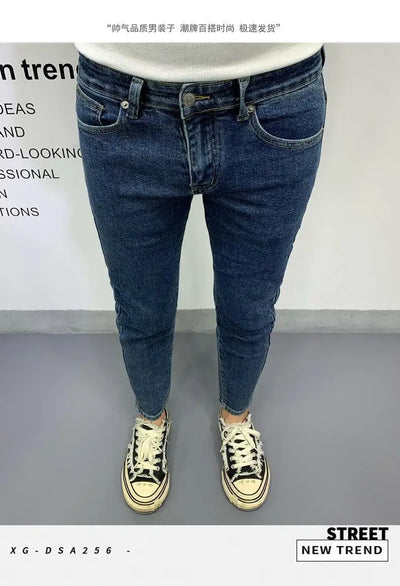 New Men's Slim Denim Jeans Casual Spring and Autumn Stretchy Skinny Pants Korean Style Trendy Cowboy Hip Hop Cropped Trousers
