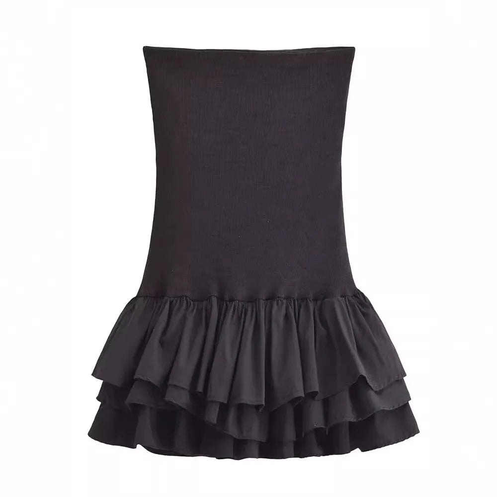 Off Shoulder Strapless Mini Dress Knitted Ruffle Layered Decorative Hem Dress Summer Backless Sexy Daring Party Short Dresses