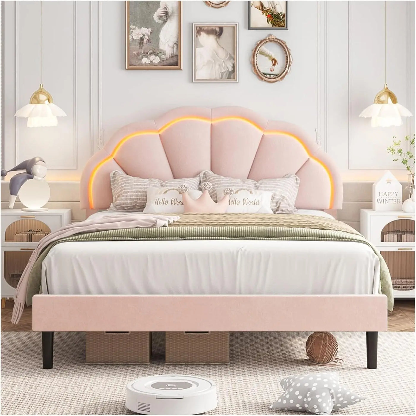 Queen Upholstered Smart LED Bed Frame with Adjustable Chic Petal Headboard, Soft Princess Queen Size Platform Bed Frame