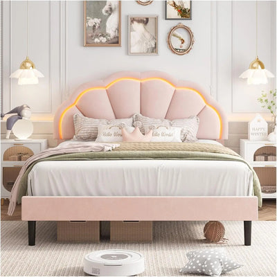 Queen Upholstered Smart LED Bed Frame with Adjustable Chic Petal Headboard, Soft Princess Queen Size Platform Bed Frame