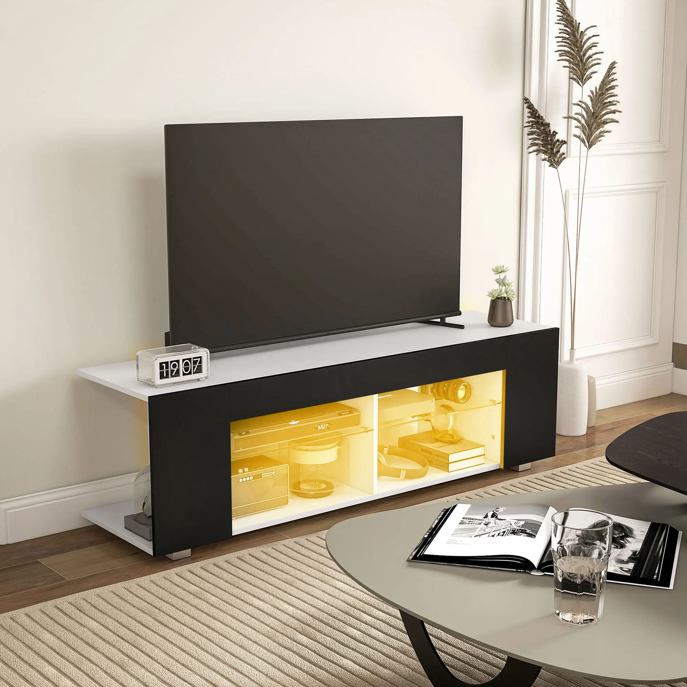 TV Stand 145cm TV Unit with Glass Shelves RGB LED Light for 60"TV Black