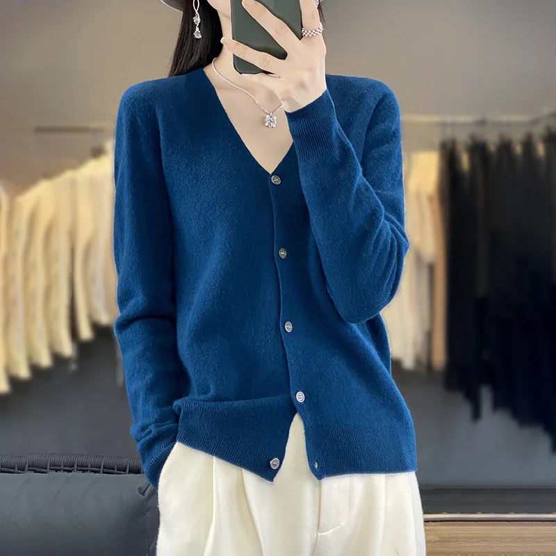 Spring Autumn Women 100% Merino Wool Cardigan Soft V-Neck Cashmere Sweater Buttoned Knitwear Casual Clothing Korean Style Shirt