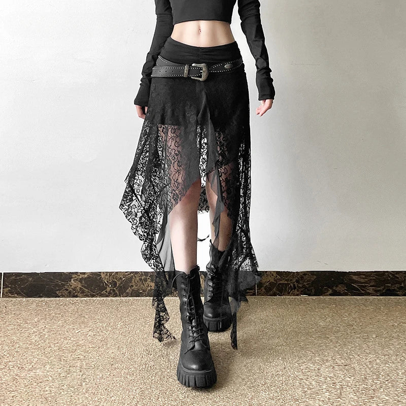 Y2K Goth Dark Irregular Hem Lace Patchwork Mid Skirts Women Streetwear Fairy Slim Pleat A-line Skirt Mall Goth Fashion Bottoms