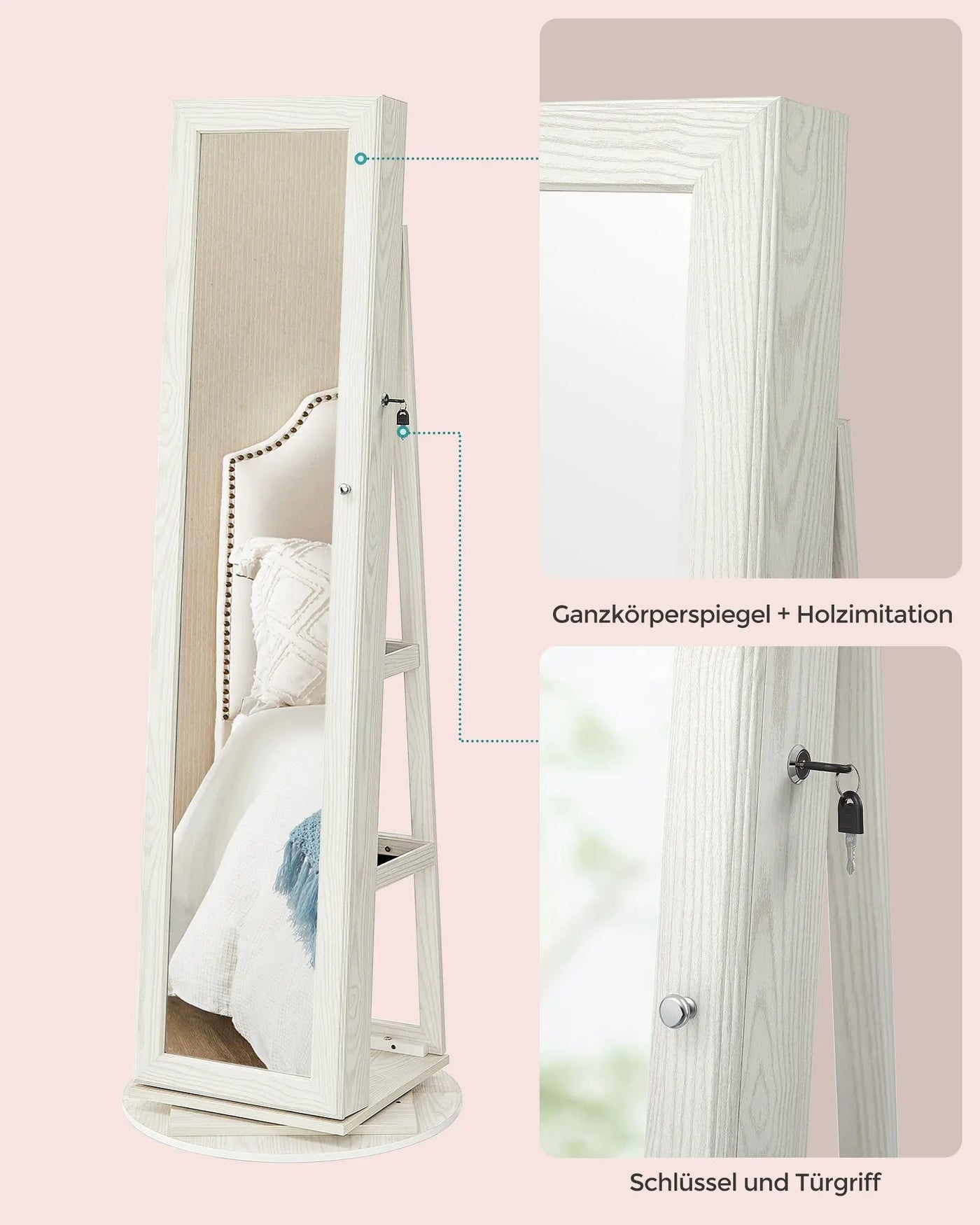 360 ° Rotatable jewelry storage Lockable Jewelry Cabinet Mirror Cabinet with Full Body Mirror