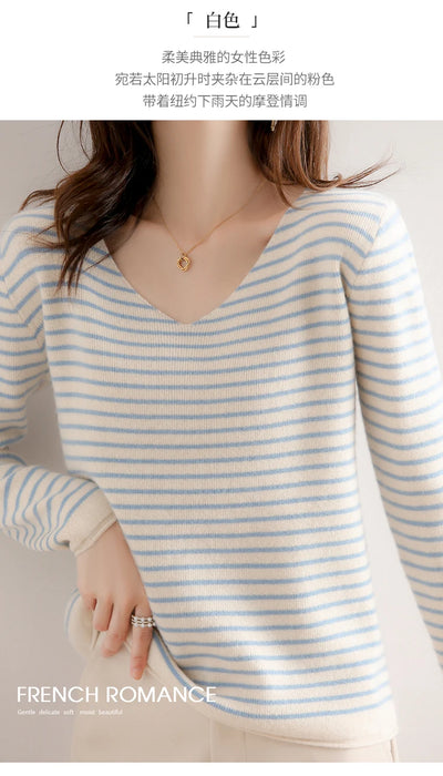 New Striped V-neck Sweater Women's All-Match Loose Sweater Fall Winter Fashion Bottoming Shirt Inner Wear Blouse