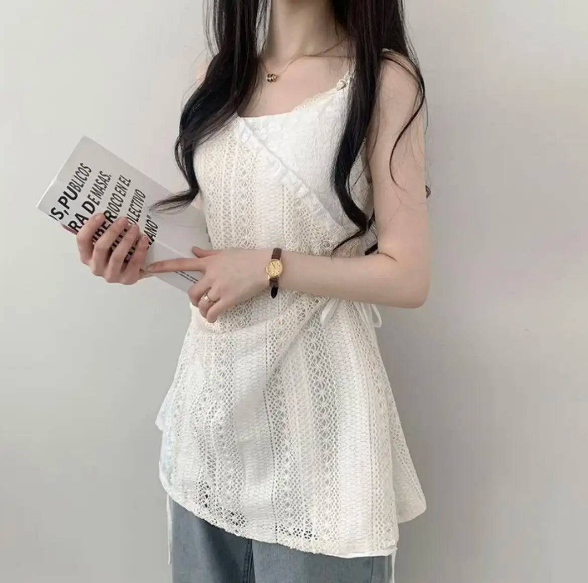 Hot Girl Korean Style Drawstring Lace-up Waist Lace Short Suspender Dresses + White Inner Wear Bottoming Sling Top Two-piece Set