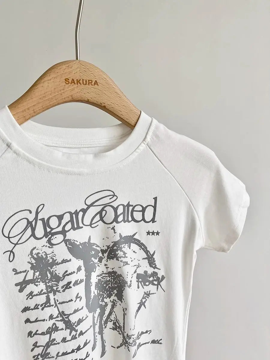 Y2K Brand Cute Deer Graphic Crop Top White Lace Ruffles Tassels Skirt T-shirts Punk Hip Hop E-girl Sexy Club Summer Tees Casual