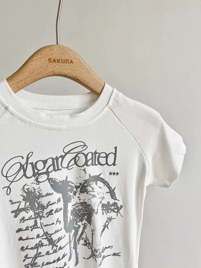 Y2K Brand Cute Deer Graphic Crop Top White Lace Ruffles Tassels Skirt T-shirts Punk Hip Hop E-girl Sexy Club Summer Tees Casual