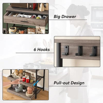 Bakers Rack with Power Outlets, 5-Tier Kitchen Storage Shelf, Microwave Oven Stand with Drawer, 65”H Coffee Bar Table