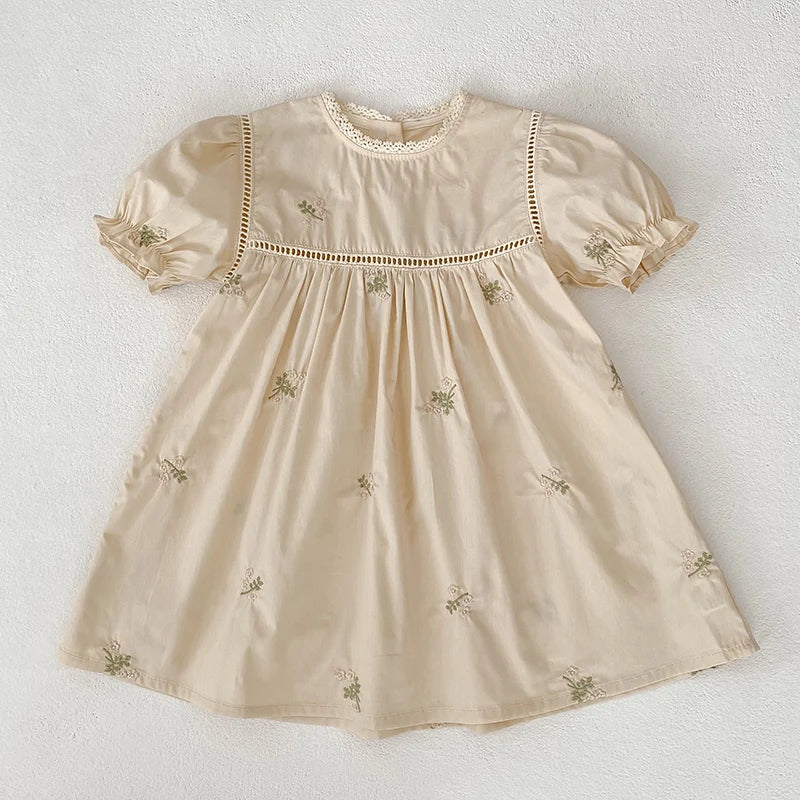 1-6Yrs Summer Girls Dress Embroider Lace Collar Kids Girls Dress Pure Cotton Thin Short Sleeved Children Girls Princess Dress ﻿