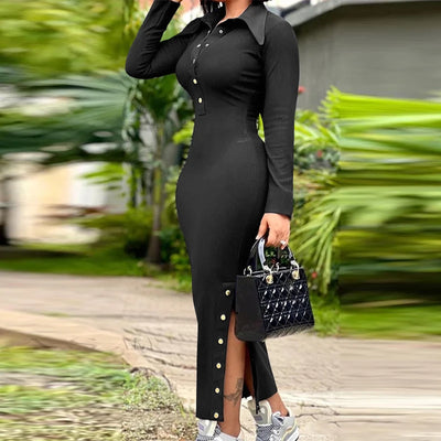 Plus Size 5XL VONDA 2025 Women Knitted Dress Sexy Long Sleeve Split Long Dress Lapel Collar Sundress Casual Robe Solid Vestidos