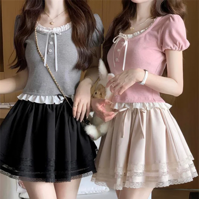 Pink Ruffle Edge Patchwork Short Sleeved T-shirt for Women Summer Cute Slim Two Pieces Girls Short Top Trendy