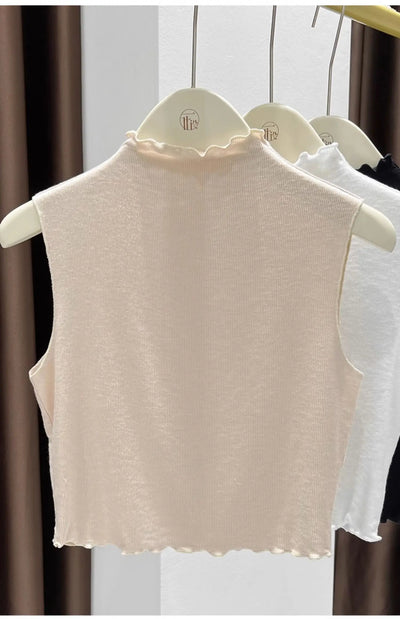 2025 Ruffled Knitted Top Women Y2K Tank Top Half Neck Vest Female Sleeveless Sweater Chic Soft Streetwear Solid Skinny Tube Top