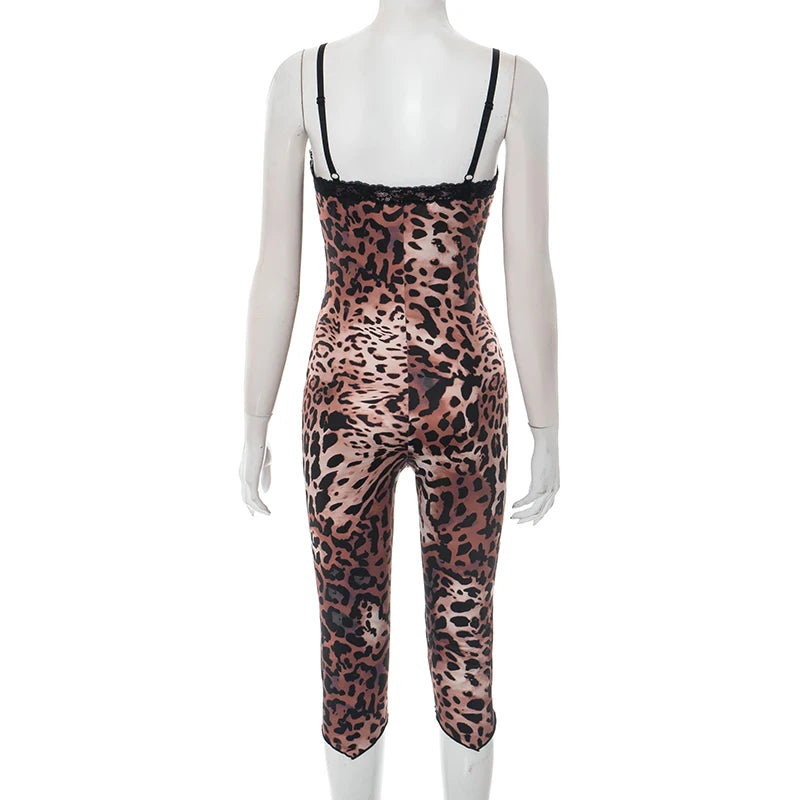 CUTENOVA New Women'S Leopard Print Lace Trim Patchwork Camisole Jumpsuit Bodycon Seven Points Jumpsuit Fashion Streetwear Romper
