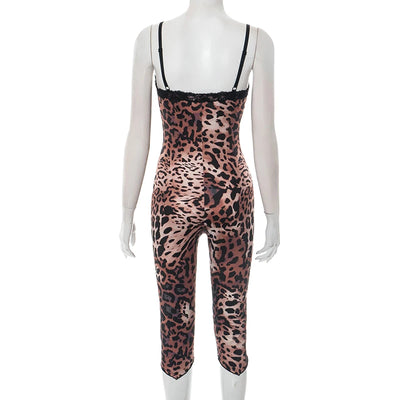 CUTENOVA New Women'S Leopard Print Lace Trim Patchwork Camisole Jumpsuit Bodycon Seven Points Jumpsuit Fashion Streetwear Romper