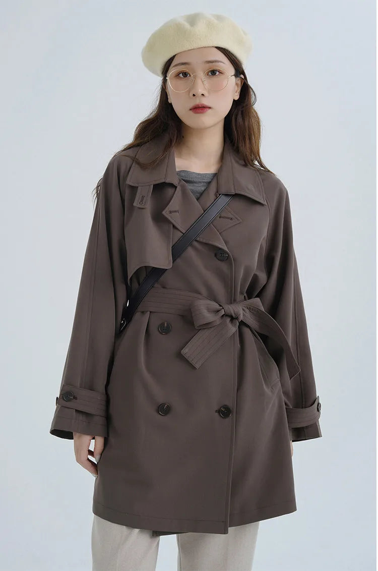 Women Spring Fall Short Trench Coat Korean Style Loose Fit Casual Khaki Jacket Petite-Friendly Versatile and Stylish Outerwear
