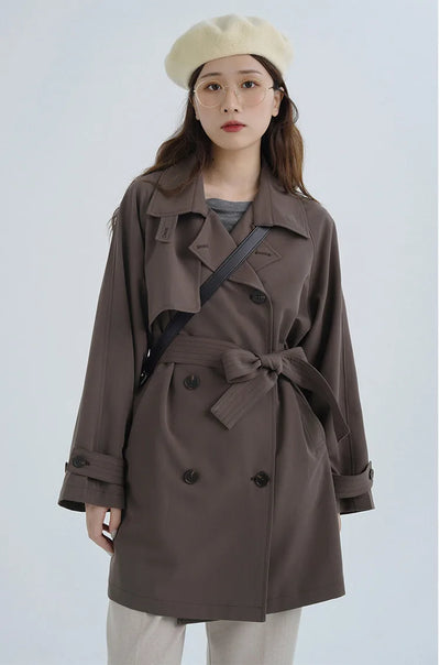 Women Spring Fall Short Trench Coat Korean Style Loose Fit Casual Khaki Jacket Petite-Friendly Versatile and Stylish Outerwear