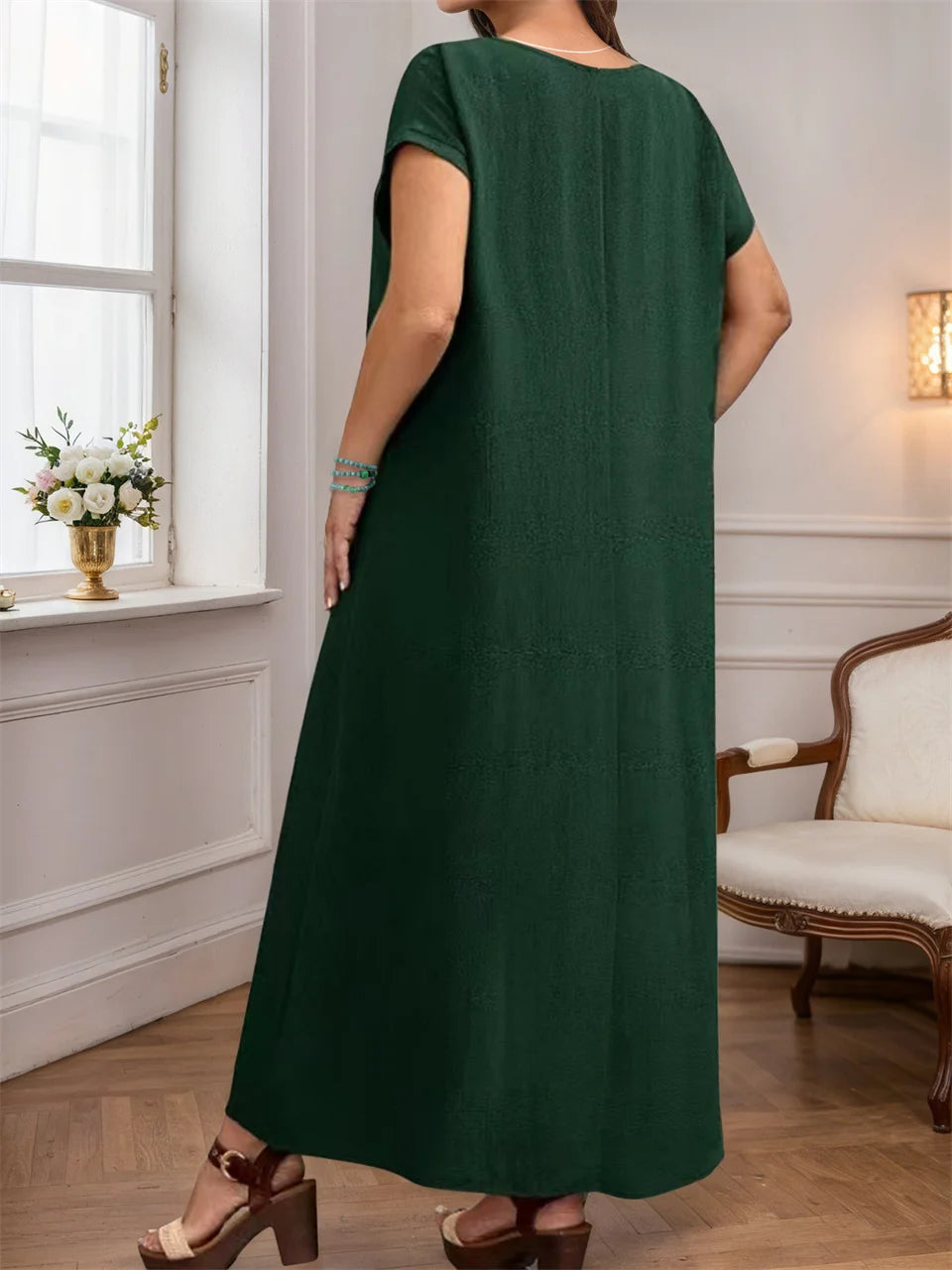 GIBSIE Plus Size Women's Round Neck Elegant Long Dress Summer Short Sleeved Fashion Loose Female Solid Casual Maxi Dresses 2025