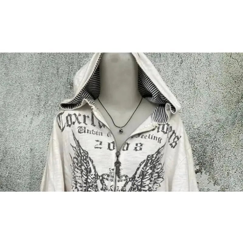 Print Tunic Hooded Y2k Coat Streetwear Fashion Casual Hoodies Tops Ropa Mujer Vintage Sweatshirts 2024 Women's Clothes White