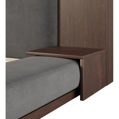 queen velvet upholstered bed frame with built-in side storage and extended wooden headboard