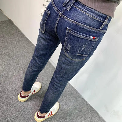 New Men's Slim Denim Jeans Casual Spring and Autumn Stretchy Skinny Pants Korean Style Trendy Cowboy Hip Hop Cropped Trousers