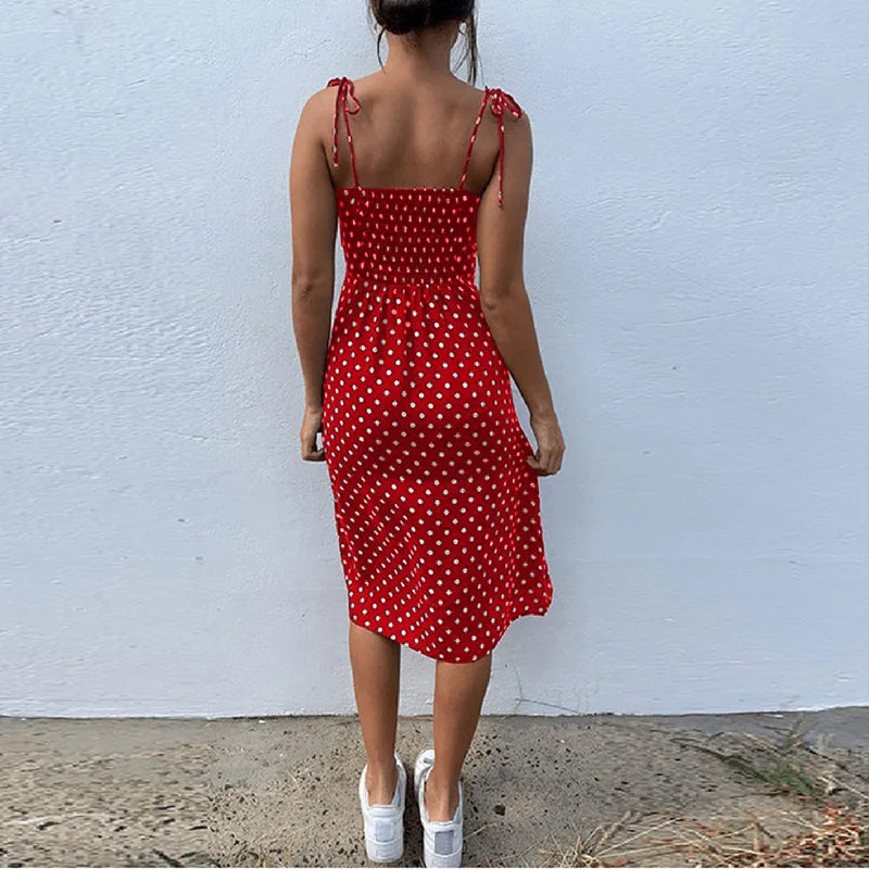 Dresses 2024 Sundress Summer Women Causal Polka Dot Sleeveless High Pleated elastic waist V-Neck Beach Dress Vestidos De Verano