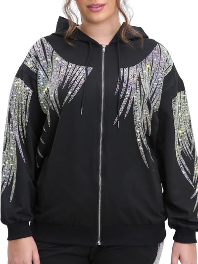 Plus Size Zip Up Women Hoodies Fleece Rhinestones Graphic Jacket Warm Soft and Thick for Winter Hooded Sweatshirt Relaxed Fit