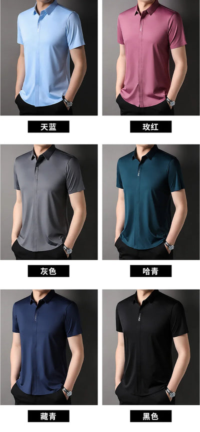 Summer New High-grade Hidden Button Men's Light Luxury Short Sleeve Shirts Men High Elastic Business Anti-wrinkle Ice Silk Shirt